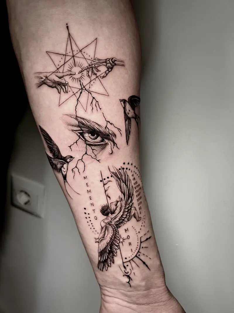 Composición simbólica con manos, ojo, aves y el texto “memento mori”.