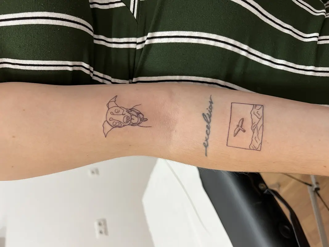 Conjunto minimalista en el brazo: carita de perro en línea, palabra en cursiva y paisaje enmarcado en un recuadro.