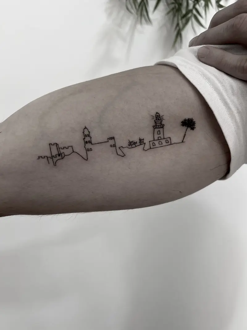 Skyline minimalista a una sola línea con faro, aves y detalles de costa, estilo fino y limpio.