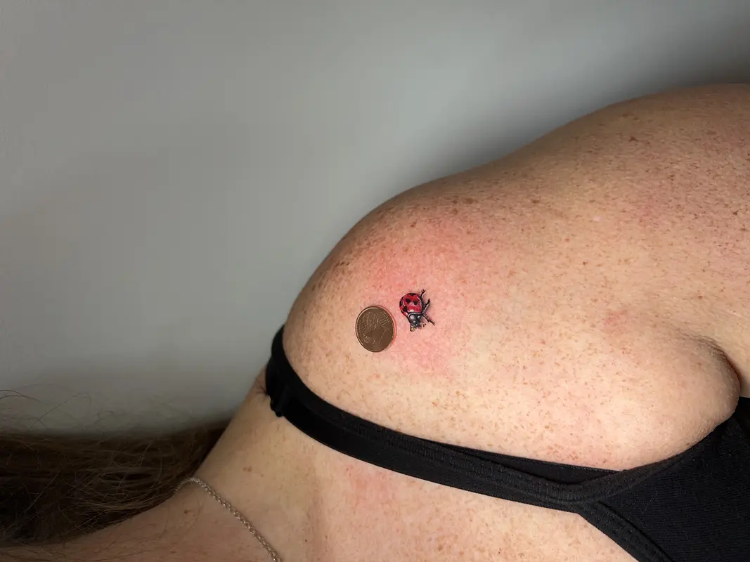 Microtatuaje a color de una mariquita junto a una moneda para mostrar la escala real del diseño.